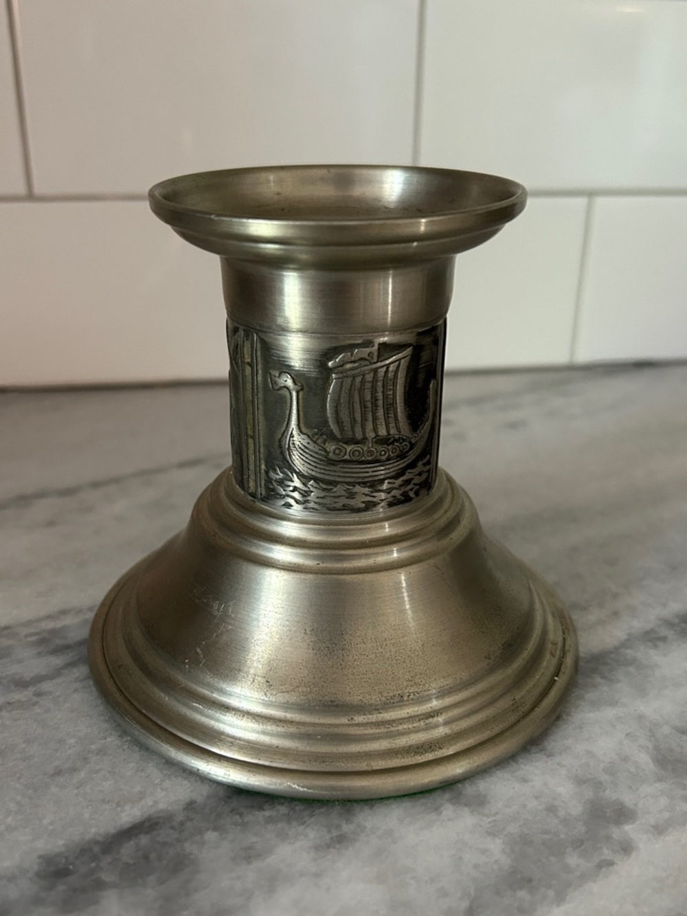 Vintage Norwegian Etched Pewter Candlestick Mid Century Modern